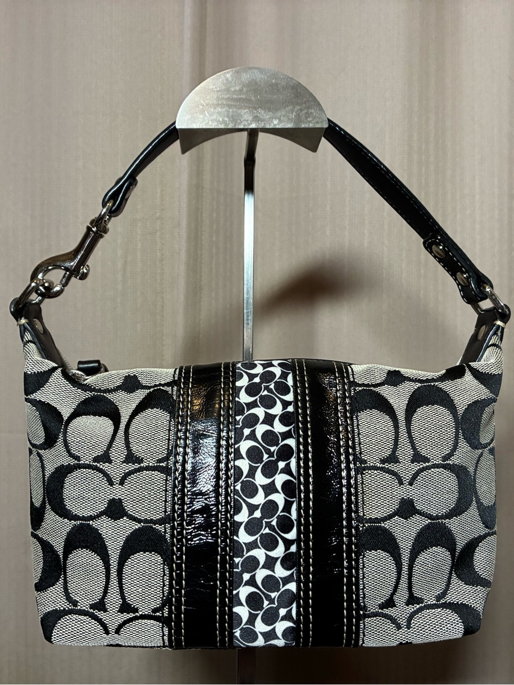 Coach Black and Ivory Signature Stripe Demi Bag